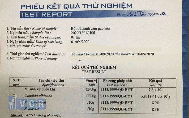 Hình ảnh thực tế phiếu kết quả kiểm nghiệm an toàn thực phẩm.